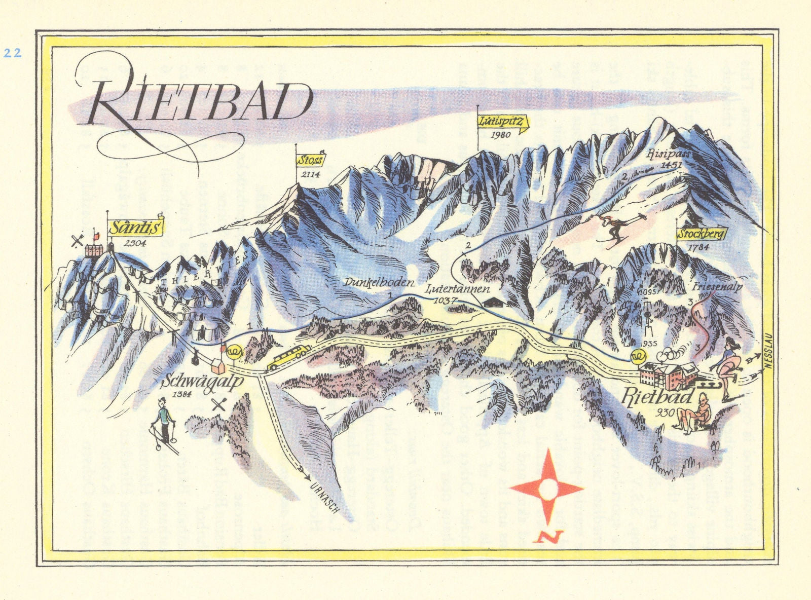 Rietbad small ski resort piste/trail map by Otto Müller. Switzerland 1949